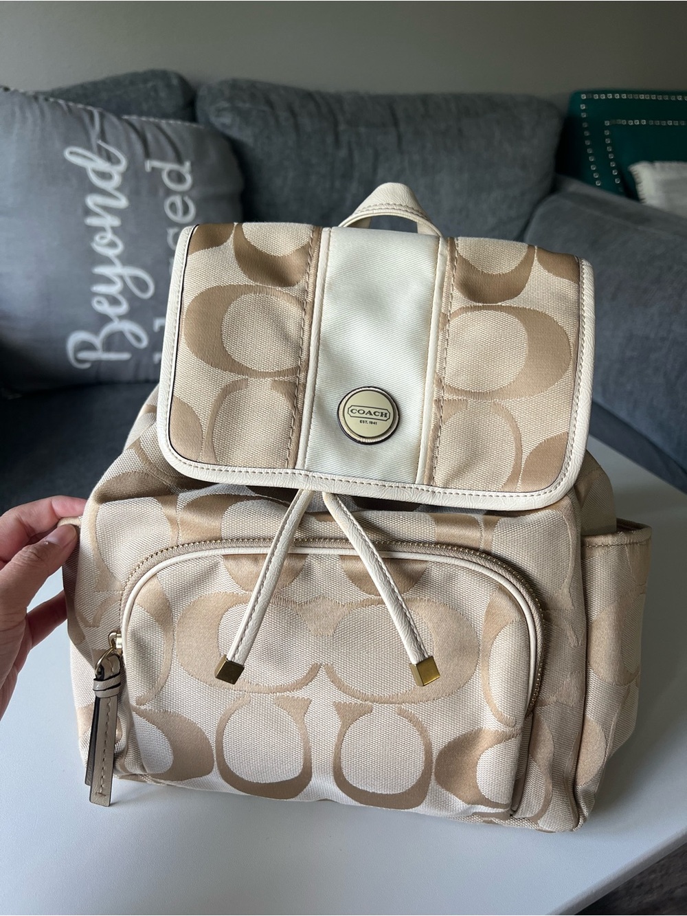 COACH Signature Canvas Drawstring Backpack in Beige VINTAGE